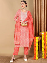 Women Peach Bandhani Printed Kurta Trouser With Dupatta